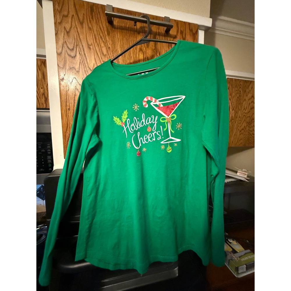 Holiday Time Women Green Long Sleeve Holiday Cheers Shirt L G